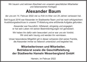 Traueranzeige von Alexander Baum von Deister- und Weserzeitung