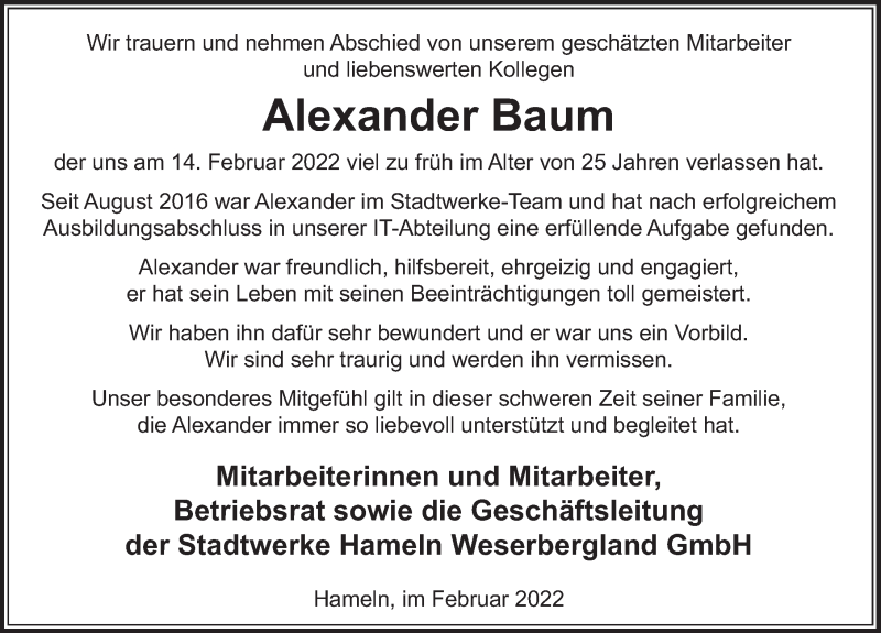  Traueranzeige für Alexander Baum vom 19.02.2022 aus Deister- und Weserzeitung