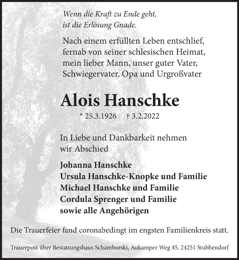  Traueranzeige für Alois Hanschke vom 12.02.2022 aus Neue Deister-Zeitung