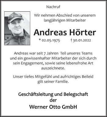 Traueranzeige von Andreas Hörter von Deister- und Weserzeitung