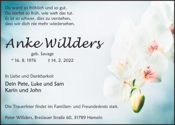 Traueranzeige von Anke Willders von Deister- und Weserzeitung