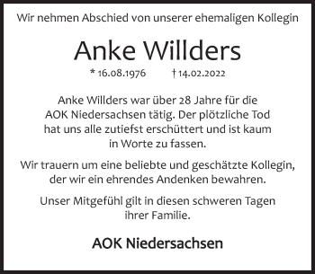 Traueranzeige von Anke Willders von Deister- und Weserzeitung