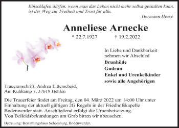 Traueranzeige von Anneliese Arnecke von Deister- und Weserzeitung