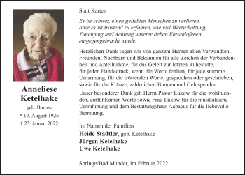 Traueranzeige von Anneliese Ketelhake von Neue Deister-Zeitung