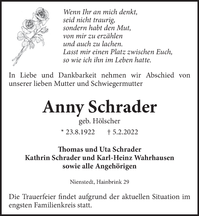  Traueranzeige für Anny Schrader vom 12.02.2022 aus Neue Deister-Zeitung