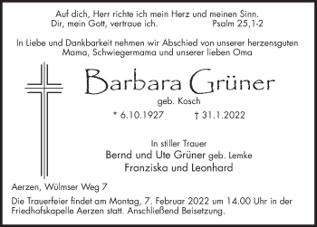Traueranzeige von Barbara Grüner von Deister- und Weserzeitung