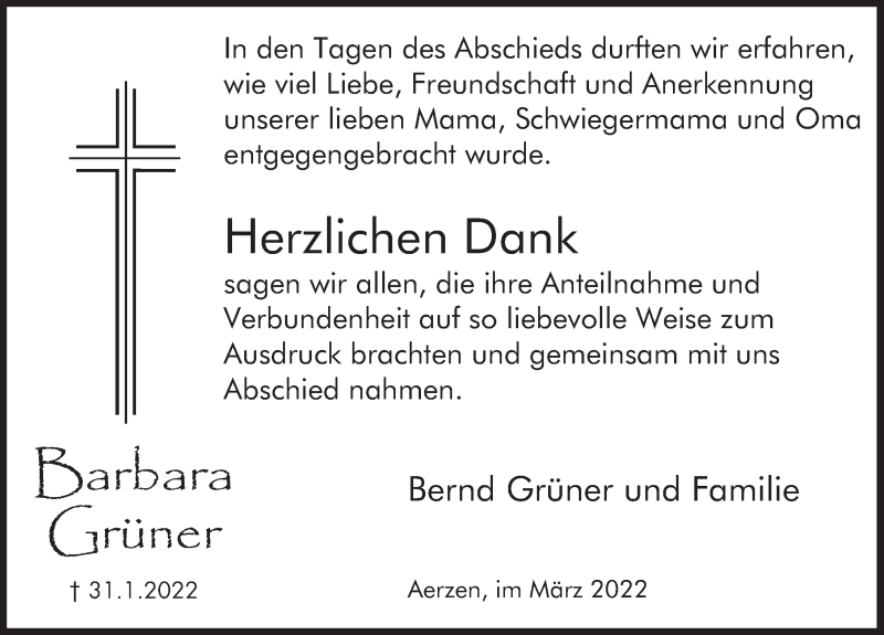  Traueranzeige für Barbara Grüner vom 05.03.2022 aus Deister- und Weserzeitung