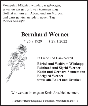 Traueranzeige von Bernhard Werner von Deister- und Weserzeitung