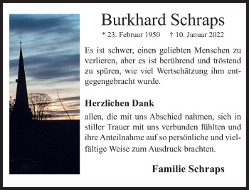 Traueranzeige von Burkhard Schraps von Deister- und Weserzeitung