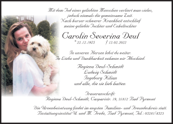 Traueranzeige von Carolin Severina Deul von Deister- und Weserzeitung