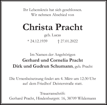 Traueranzeige von Christa Pracht von Deister- und Weserzeitung