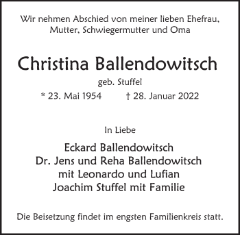 Traueranzeige von Christina Ballendowitsch von Deister- und Weserzeitung