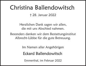 Traueranzeige von Christina Ballendowitsch von Deister- und Weserzeitung