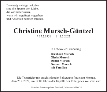 Traueranzeige von Christine Mursch-Güntzel von Deister- und Weserzeitung