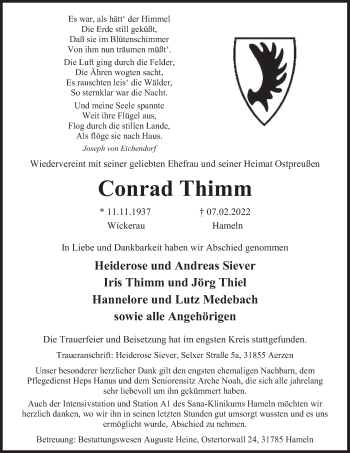 Traueranzeige von Conrad Thimm von Deister- und Weserzeitung