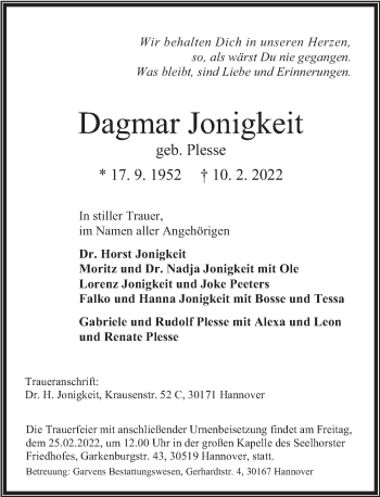Traueranzeige von Dagmar Jonigkeit von Neue Deister-Zeitung