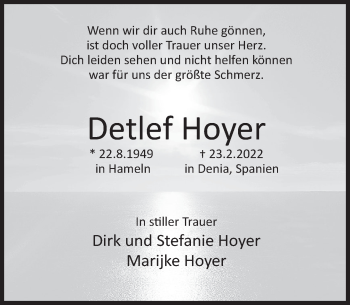 Traueranzeige von Detlef Hoyer von Deister- und Weserzeitung