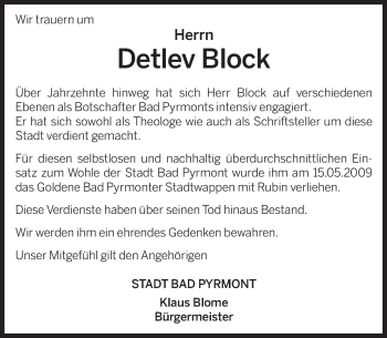Traueranzeige von Detlev Block von Deister- und Weserzeitung