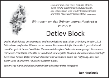 Traueranzeige von Detlev Block von Deister- und Weserzeitung