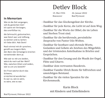 Traueranzeige von Detlev Block von Deister- und Weserzeitung
