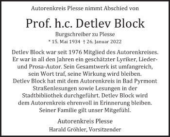Traueranzeige von Detlev Block von Deister- und Weserzeitung