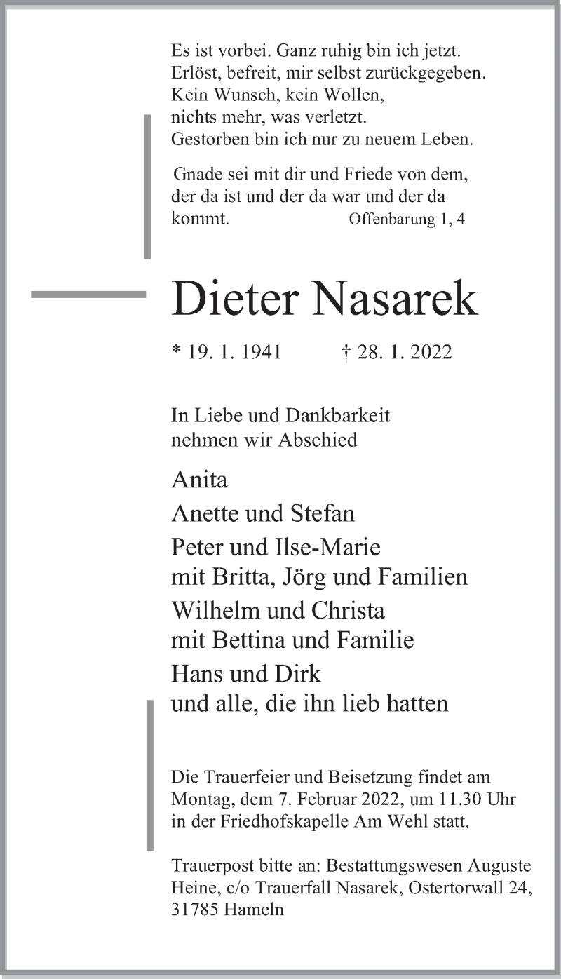  Traueranzeige für Dieter Nasarek vom 03.02.2022 aus Deister- und Weserzeitung