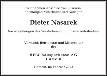 Traueranzeige von Dieter Nasarek von Deister- und Weserzeitung