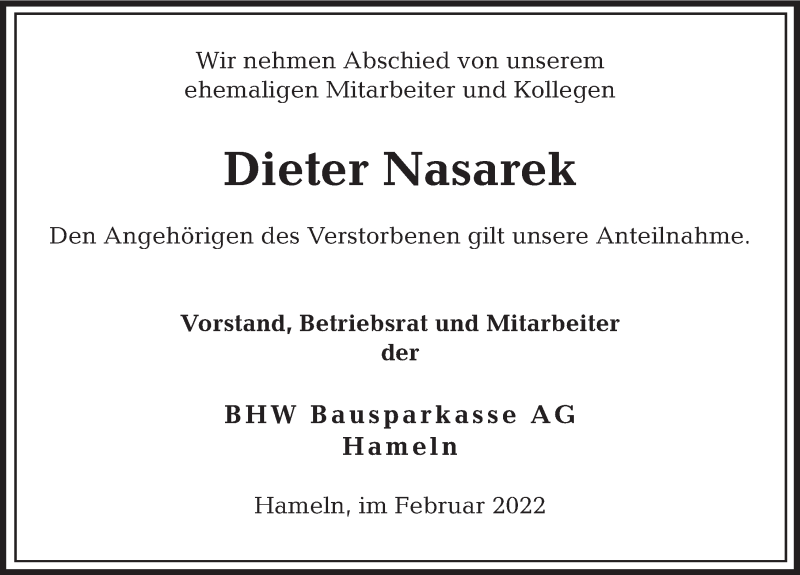  Traueranzeige für Dieter Nasarek vom 07.02.2022 aus Deister- und Weserzeitung