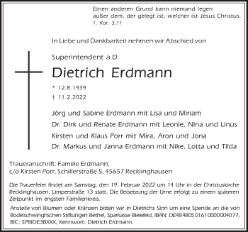 Traueranzeige von Dietrich Erdmann von Deister- und Weserzeitung