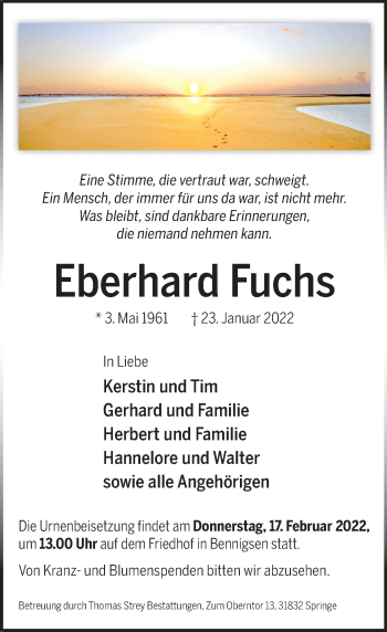 Traueranzeige von Eberhard Fuchs von Neue Deister-Zeitung