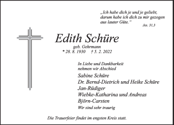 Traueranzeige von Edith Schüre von Deister- und Weserzeitung