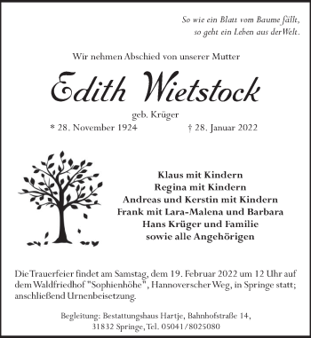 Traueranzeige von Edith Wietstock von Neue Deister-Zeitung
