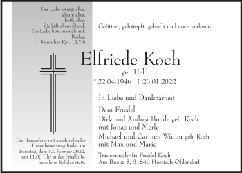 Traueranzeige von Elfriede Koch von Deister- und Weserzeitung