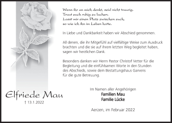 Traueranzeige von Elfriede Mau von Deister- und Weserzeitung