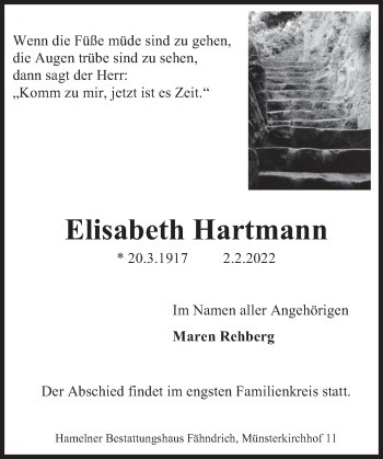 Traueranzeige von Elisabeth Hartmann von Deister- und Weserzeitung