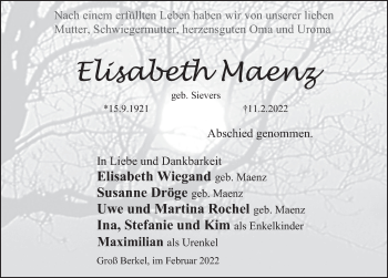 Traueranzeige von Elisabeth Maenz von Deister- und Weserzeitung