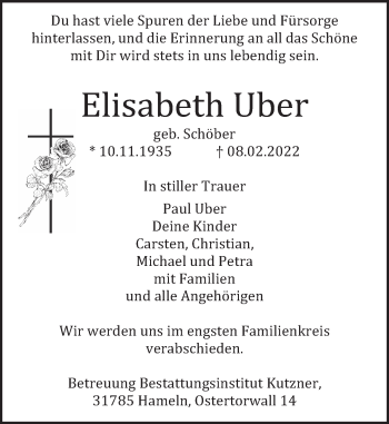 Traueranzeige von Elisabeth Uber von Deister- und Weserzeitung