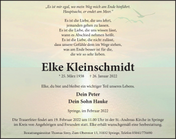 Traueranzeige von Elke Kleinschmidt von Neue Deister-Zeitung