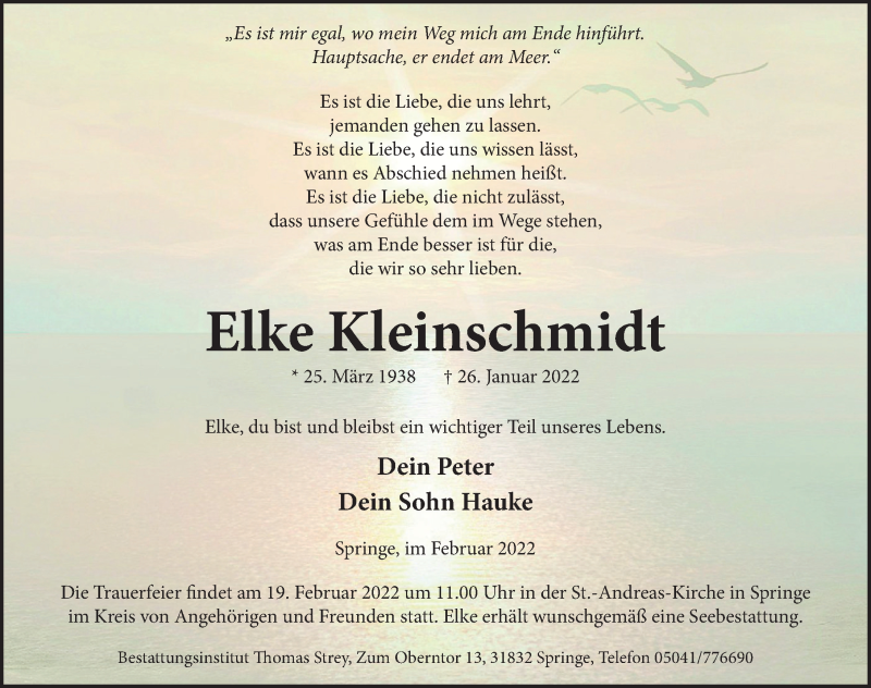  Traueranzeige für Elke Kleinschmidt vom 12.02.2022 aus Neue Deister-Zeitung