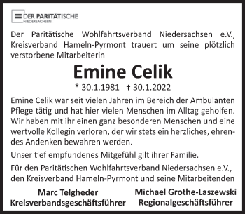 Traueranzeige von Emine Celik von Deister- und Weserzeitung