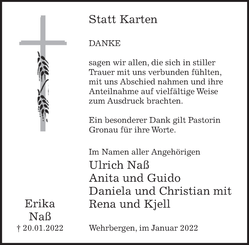  Traueranzeige für Erika Naß vom 12.02.2022 aus Deister- und Weserzeitung
