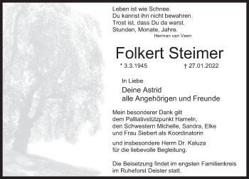 Traueranzeige von Folkert Steimer von Deister- und Weserzeitung
