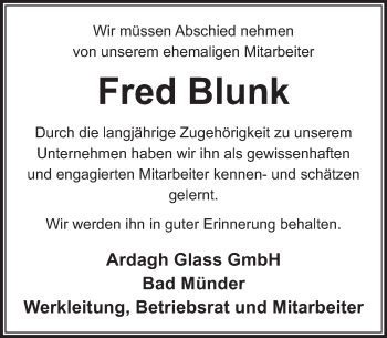 Traueranzeige von Fred Blunk von Neue Deister-Zeitung