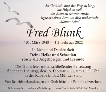 Traueranzeige von Fred Blunk von Neue Deister-Zeitung