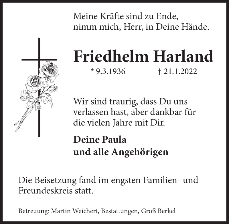  Traueranzeige für Friedhelm Harland vom 05.02.2022 aus Deister- und Weserzeitung