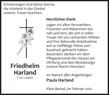 Traueranzeige von Friedhelm Harland von Deister- und Weserzeitung