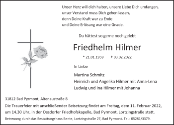 Traueranzeige von Friedhelm Hilmer von Deister- und Weserzeitung