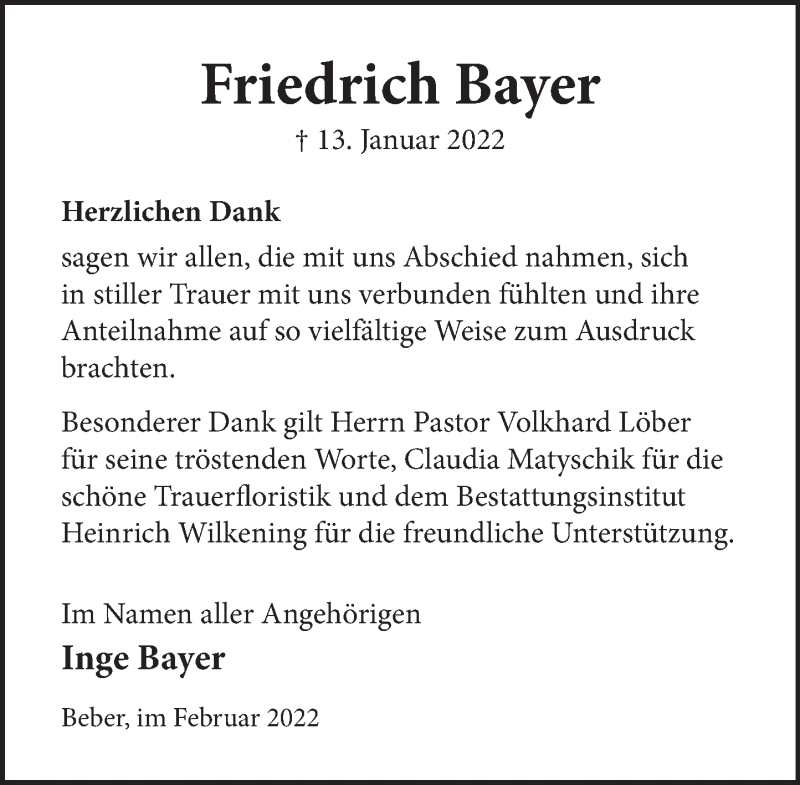  Traueranzeige für Friedrich Bayer vom 19.02.2022 aus Neue Deister-Zeitung