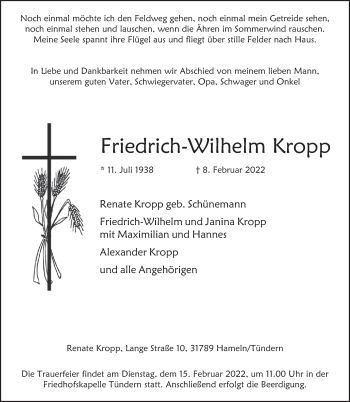 Traueranzeige von Friedrich-Wilhelm Kropp von Deister- und Weserzeitung