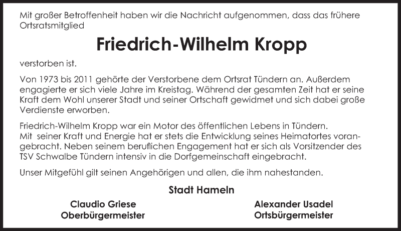  Traueranzeige für Friedrich-Wilhelm Kropp vom 15.02.2022 aus Deister- und Weserzeitung
